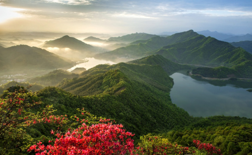 山花映衬下的霍山县屋脊山（4月9日摄）。新华社发（杜向明 摄）